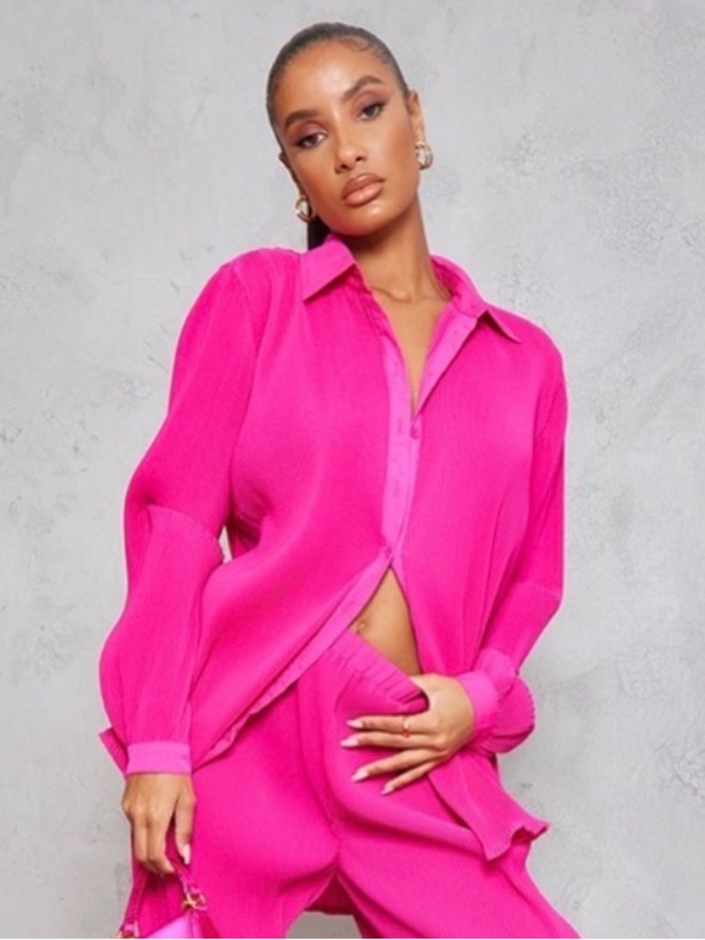 PrettyLittleThing Hot Pink Plisse Button-Up Top size 18